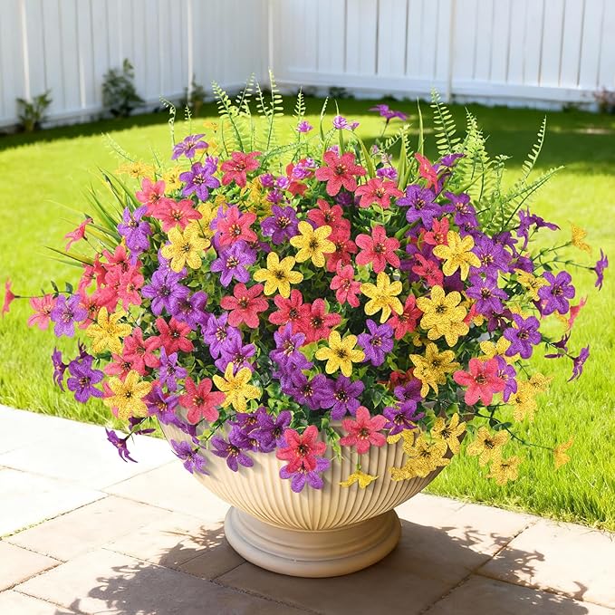 Artificial Flowers with Fake Fern Plants for Outdoors, 12 Bundles Realistic Faux Flower Silk Daisy with Eucalyptus Stem UV Resistant for Outside Patio Planter Porch Yard Window Spring Decoration