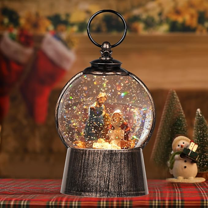 Nativity Snow Globe Christmas Snow Globe Lantern, Light up Nativity Sets for Christmas Indoor Decor, Silent Night Music with Swirling Glitter, USB Powered & Battery Nativity Scene Holy Family