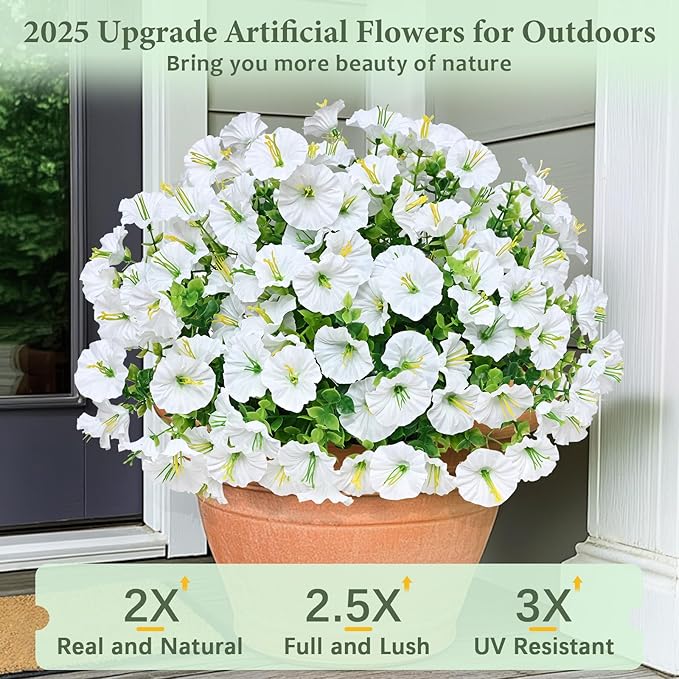 MARTINE MALL 24 Bundles Look Real Artificial Flowers for Outdoors, Realistic Fake Outdoor Flowers, UV Resistant Silk Petunia Flowers for Outside Faux Flowers Plants for Outdoor Porch, White