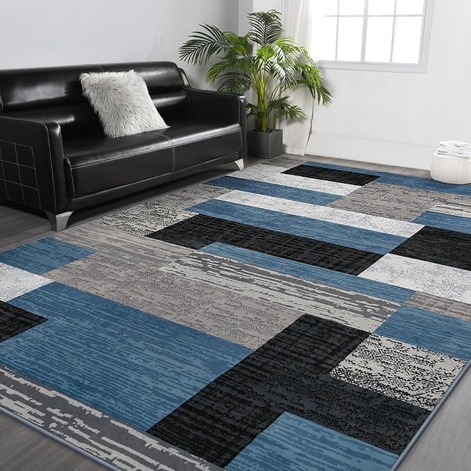 FlyDOIT Modern Geometric Patchwork Area Rug, 4x6 Blue Large Rugs for Living Room, Rockwood Collection Indoor Rugs for Bedroom, Throw Carpet Floor Decor for Entryway Dining Room Office Nursery