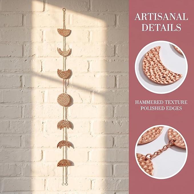 opulinea 32 Inch Hammered Rose Gold Moon Phase Metal Wall Decor, Celestial Hanging Wall Sculpture, Boho Lunar Wall Art for Bedroom, Living Room, Bathroom, Apartment