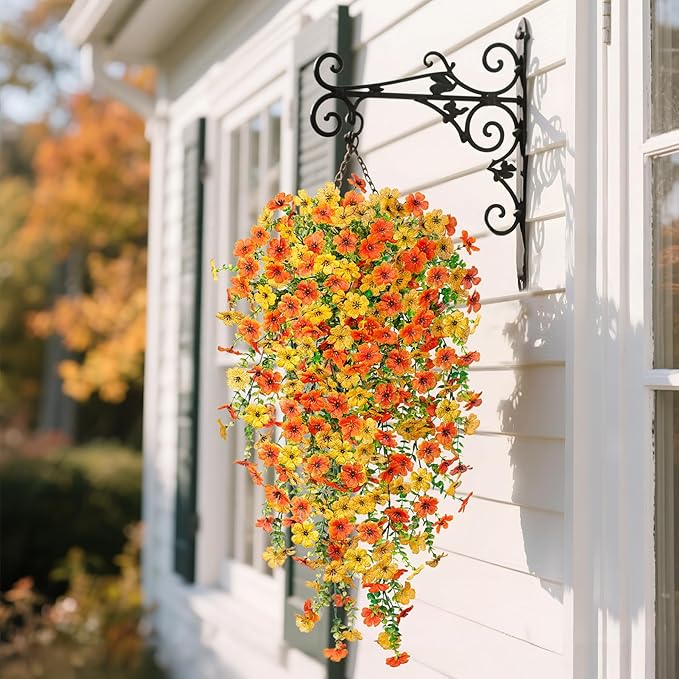 Artificial Hanging Flowers for Outdoors Fake Plants Decoration, 2 Packs Faux Silk Daisy Flower Realistic Outdoor Flowers UV Resistant Porch Patio Window Yard Indoor Spring Decor(Yellow Orange)