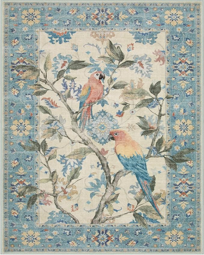 Lahome Botanical Birds Blue Washable Rugs 8x10 for Living Room, Soft Non Slip Dining Room Rugs for Under Table, Large Boho Vintage Indoor Floor Carpet for Bedroom Home Office (8x10ft,Blue)