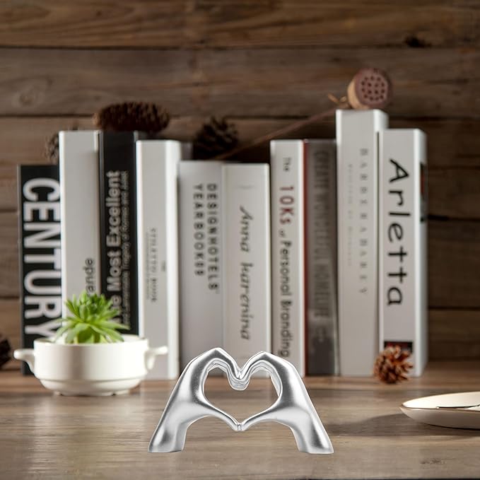 Small Heart Hands Sculpture Decor for Living Room Bedroom Bookshelf Coffe Table and Office Display, Love Finger Statue Modern Aesthetic Home Decor, Unique Gift for Wedding Christmas Birthday (Silver)