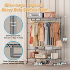 Homdox Heavy Duty Rolling Clothing Rack, Adjustable Garment Rack with 3 Tier Storage Shelves, Freestanding Closet Wardrobe for Hanging Clothes with Side Hooks, Gray