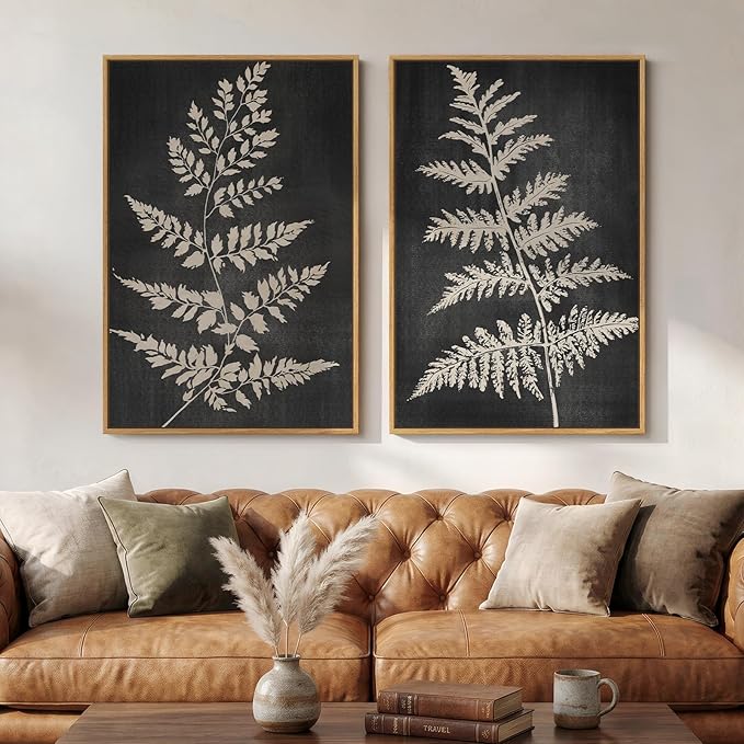 Large Framed Vintage Botanical Wall Art Set of 2, Black Neutral Retro Leaf Canvas Paintings Prints, Rustic Minimalist Modern Farmhouse Pictures for Living Room Bedroom Office Wall Decor, 24x36 Inch