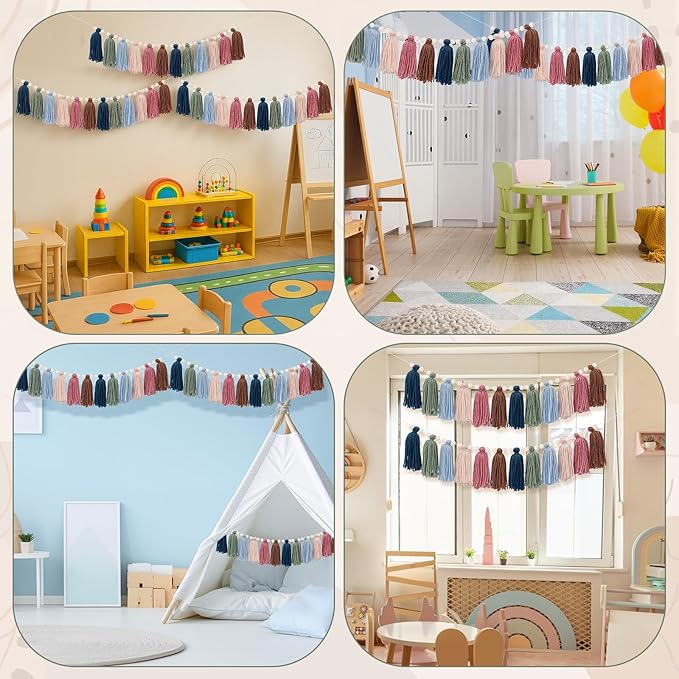 Breling 4 Pcs Boho Macrame Tassel Garland 188 Inch Boho Classroom Decor Hanging Tassel Garland Bunting for Nursery Room Birthday Party Bedroom Dorm Bohemian Wall Decorations for Home