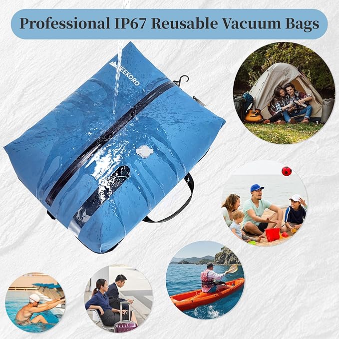 Vacuum Bags for Travel, Professional IP67 Reusable Vacuum Compression Bags for Travel Suitcases, Durable Space Saver Bag (2 PACK Blue, With Pump)