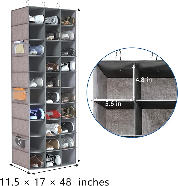 coastal rose Hanging Shoe Organizer, 30 Sections Hanging Shoe Organizer for Closet with 6 Mesh Pockets, Space Saving Hanging Shoe Rack, Grey Closet Shoe Organizer