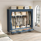 Portable Wardrobe with 4 Drawers and 3 Shelves, 67 Inch Large Capacity Freestanding Wardrobe Hanging Organizer with Lid for Bedroom, Blue