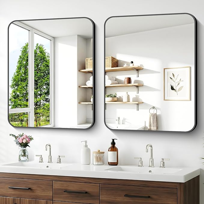 BONEWEI 30x36 inch Bathroom Mirror 2-Pack,Black Rectangle Mirror,Wall Mounted Bathroom Frame Vanity Mirror with Round Corner for Bedroom Living Room, Entryway Hangs Horizontal or Vertical