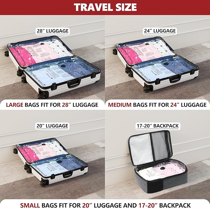 Vacuum Bags for Travel with Rechargeable Pump, 8 Combo (2L/3M/3S) Compression Packing Seal Bags for Luggage Suitcase, Space Saver for Clothing and Clothes Storage Travel