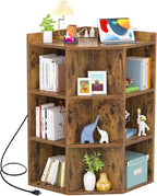 Aheaplus Corner Cabinet, Corner Storage with USB Ports and Outlets, Corners Cube Toy Storage for Small Space, Wooden Corners Bookshelf with 9 Cubes for Playroom, Bedroom, Living Room, Rustic Brown