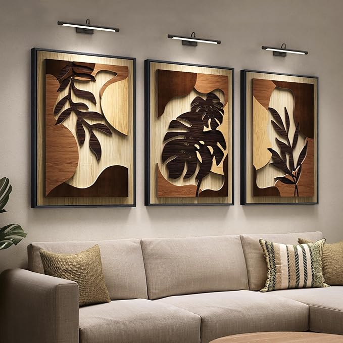 Framed 3D Wood Wall Art Decor for Living Room, 3 Piece Large Boho Tropical Textured Artwork for Walls, Botanical Wooden Wall Art for Dining Room Hallway Bedroom, 24x36 Inch