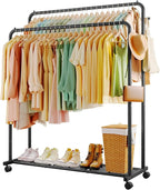 Clothes Rack - Double Rods Clothing Rack with Mesh Shelf, Hooks & Wheels, Metal Clothing Racks for Hanging Clothes & Bags, Multifunctional Garment Rack for Laundry, Black, 47.2" x 16.9" x 59.1"