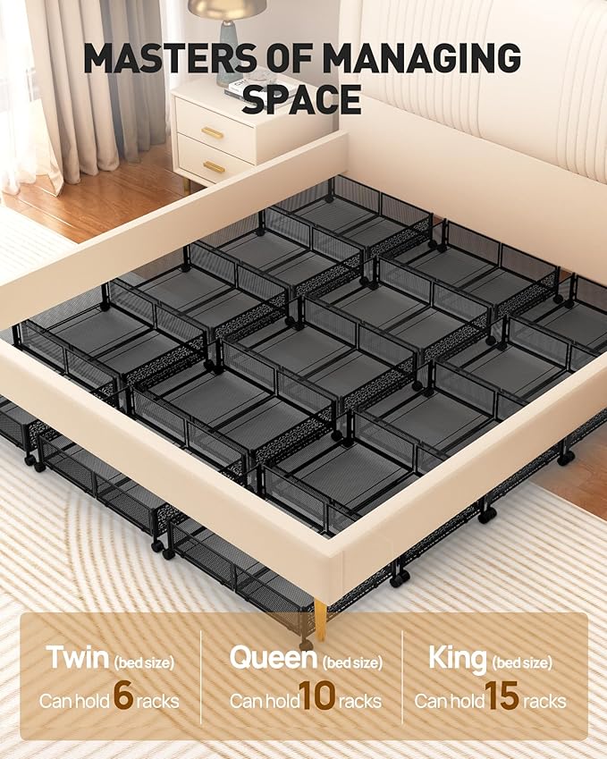Under Bed Storage With Wheels, 2 Pack Foldable Pattern Carved Metal Under Bed Storage Containers, 60L Rolling Underbed Storage, Easy Assembly Under The Bed Storage for Shoes, Clothes, Blankets...
