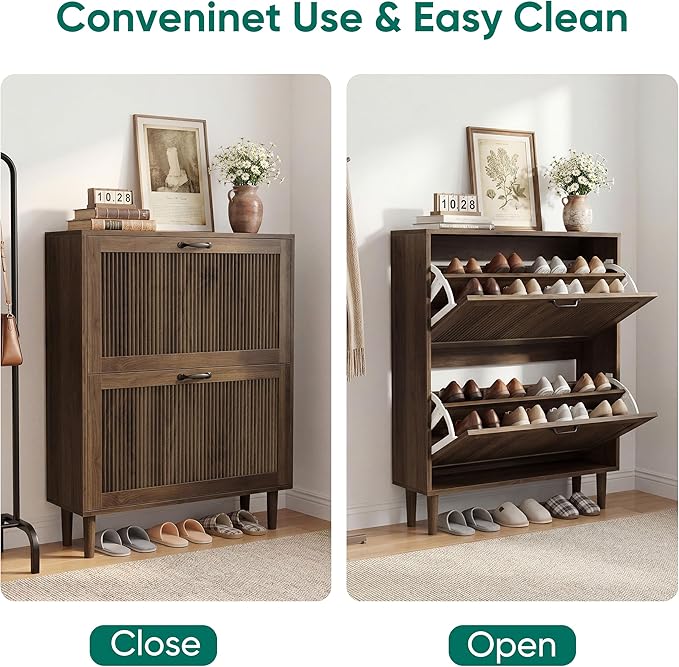 Smuxee Walnut Shoe Cabinet with 2 Flip Drawers, 31.5" Hidden Shoe Storage Cabinet with Small Fluted Doors, Freestanding Shoe Organizer Cabinet for Entryway, Hallway, Living Room