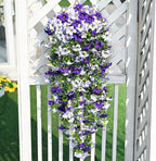 Waipfaru Artificial Petunias Flowers for Outdoors, 2 Pcs UV Resistant Fake Hanging Plants Spring Outside Decor, Faux Silk Flowers Long Trailing Vines for Outdoor Planters Porch Garden (Purple White)