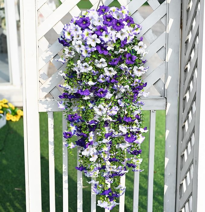Waipfaru Artificial Petunias Flowers for Outdoors, 2 Pcs UV Resistant Fake Hanging Plants Spring Outside Decor, Faux Silk Flowers Long Trailing Vines for Outdoor Planters Porch Garden (Purple White)