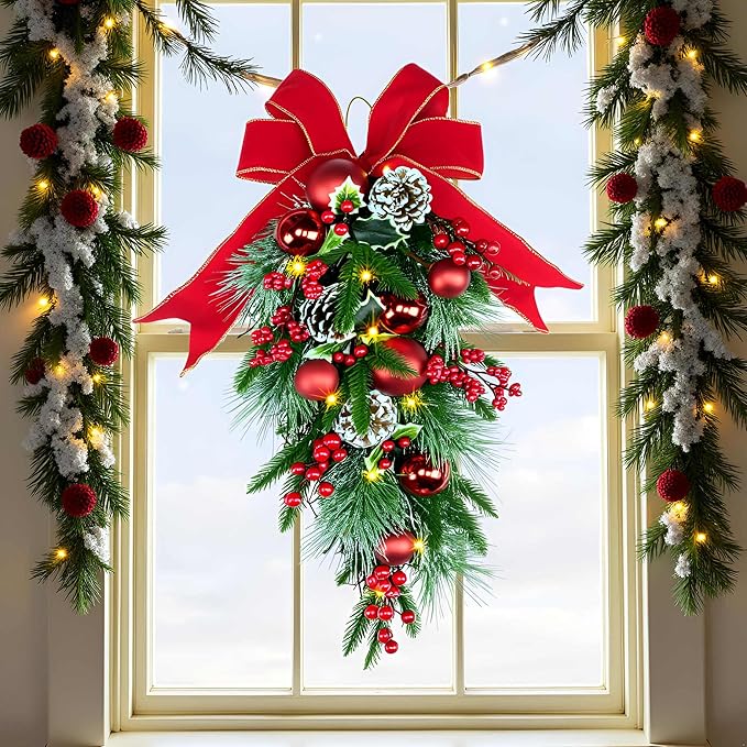 24" Pre-lit Decorative Teardrop Swag, Battery Operated Christmas Swag with Fairy Lights, Red Bowknot & Baubles, Pine Cones, Red Berries, Green Leaves Holly, Spruce Branches, Pine Needles