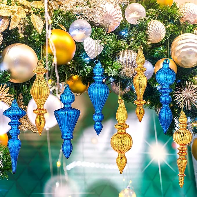Mifoci 8 Pcs 6 Inch Mercury Glass Finial Christmas Ornaments Hanging Christmas Finials Glass Ornaments Assorted Mercury Decor for Vintage Holiday Xmas Tree Decoration(Blue, Gold)