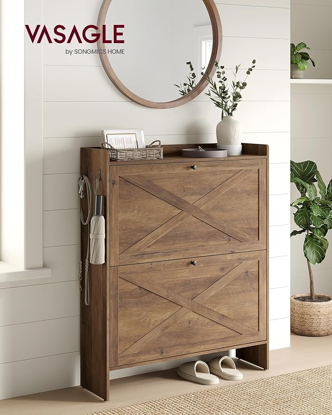 VASAGLE Shoe Storage Cabinet Organizer with 2 Flip Drawers, Freestanding Narrow Shoe Rack Cabinet for Entryway, Farmhouse Style, Fits 14 to 16 Pairs, Honey Brown UHSC203KB01S