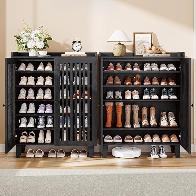 IRONCK Shoe Cabinet with Slatted Doors, 6-Tier Shoe Storage Cabinet with Adjustable Shelves, Wooden Shoe Rack Organizer for Entryway, Hallway, Closet, Living Room, Black