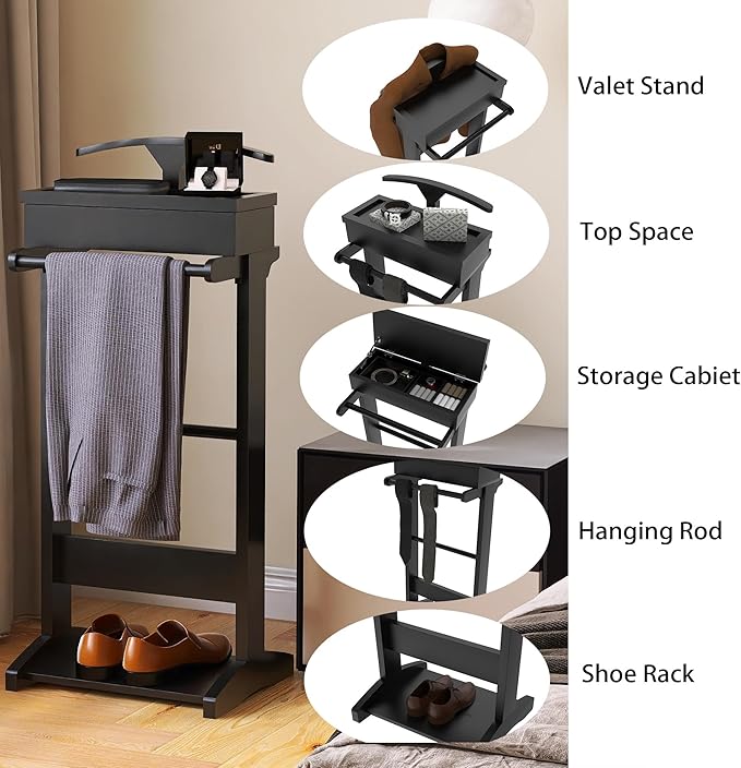 Wooden Valet Stand for Men, Clothing Rack with Top Tray Organizer, Shoe Shelf for Entryway, Bedroom, Office