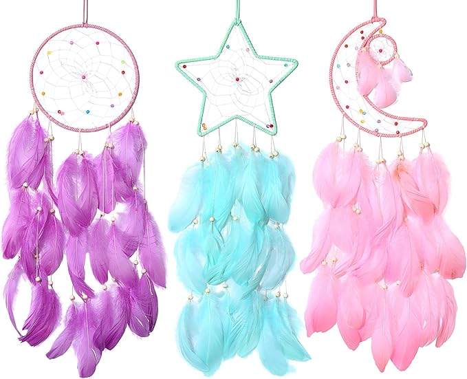 Jetec 3 Pcs Dream Catcher Moon Sun Star Design Handmade Traditional Design Craft Ornament Wall Art Hanging Home Decoration Bedroom Wedding(Sweet Color)