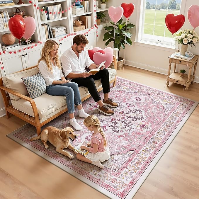 U'Artlines Pink Area Rug 5x7 Boho Washable Soft Carpet for Living Room Bedroom Dining Room Office Indoor Rugs for Home Decor