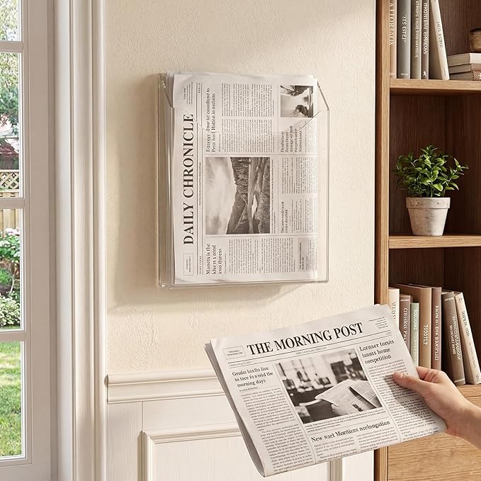Sliner 2 Pcs Wall-mounted Single Pocket Newspaper Holder Acrylic Brochure Holder Clear Acrylic Display Holders for Home Office Waiting Room Magazine Mail Organizer, 13.38 x 11.50 x 2.24 Inches