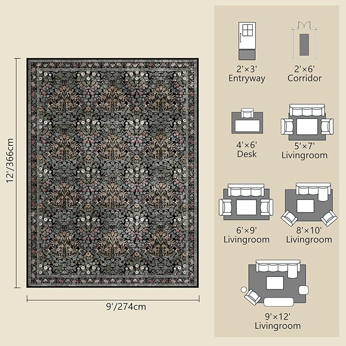 Traditional Design Vintage Floral Area Rug 9 x 12,Washable Area Rugs - Perfect for Living Room, Bedroom, Kids Room, Nursery - Stain & Water Resistant Non-Slip, Dining Room Decor