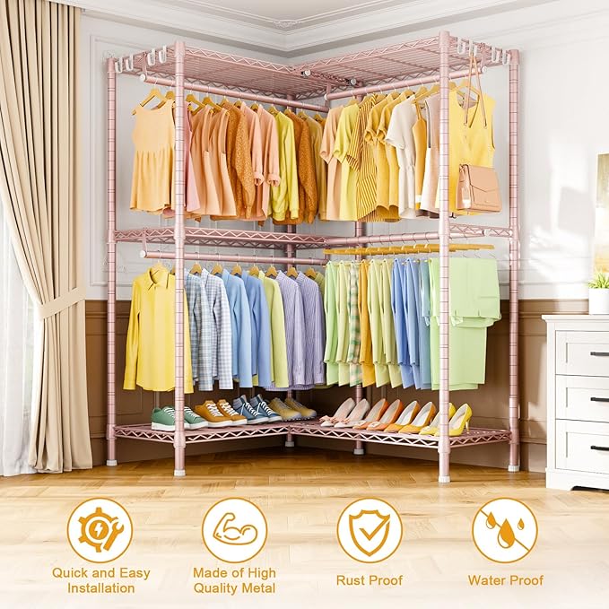 E15 Garment Rack L Shaped Clothes Rack for Corner，Freestanding Clothing Racks for Hanging Clothes，Heavy Duty Closet Organizer with 4 Hanging Rods & 8 S Hooks，43.4" W x 15.8" D x 78.4" H，Pink