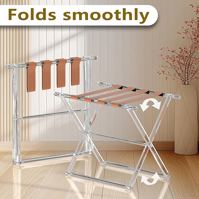 Acrylic Luggage Rack for Guest Room,Folding Luggage Rack with Leather Straps,Holds up to 120 lbs Suitcase Stand for Bedroom, Living Room and Hotel (Brown Leather)