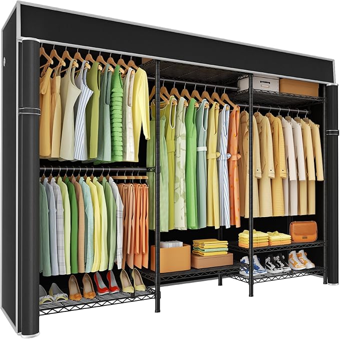 Ulif E13C Heavy Duty Closet Organizer System，Freestanding Clothing Racks for Hanging Clothes，Adjustable Garment Rack 63" W x 16" D x 77" H Hold 960 lbs，Black Clothing Rack with Black Dustproof Cover