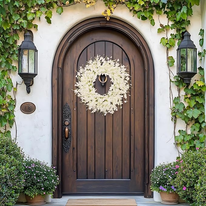 24 Inch Artificial White Forsythia Flower Wreath, Silk & Paper Bridal Floral Wreath for Front Door, Elegant Winter Wedding & Spring Summer Decor, All Season Farmhouse Porch Wall Decor