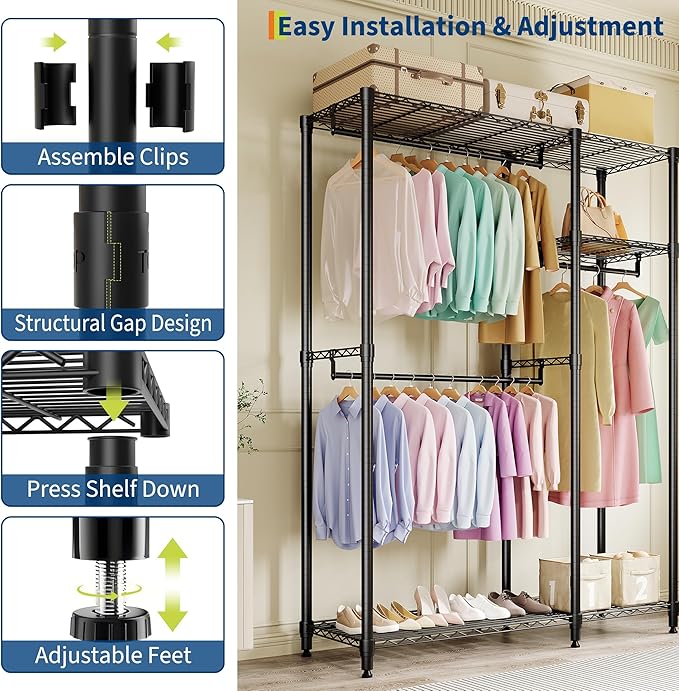 Heavy Duty Clothes Rack,Load 705LBS Garment Rack Portable Closet,Free Standing Closet Organizers and storage with Adjustable Shelves, Hanging Rods, Dividable Black 76.5"H x 41.6"L x 15.5"W