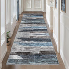 Ciicool 2'6"x8' Washable Runner Rug, Modern Abstract Hallway Rugs Runner, Non-Slip Thin Accent Rug Lightweight Navy Grey Print Distressed Carpet for Laundry Entryway Bedroom Kitchen Indoor