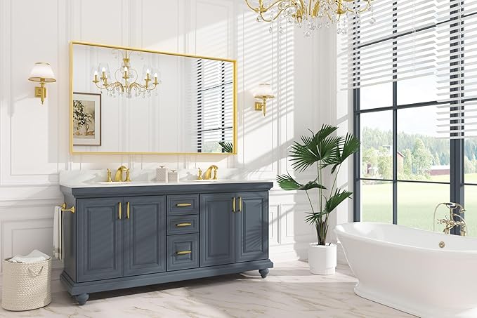 Keonjinn Gold Bathroom Mirror 60 x 36 Inch, Brushed Gold Metal Framed Mirrors, Square Corner Rectangular Large Wall Mirrors, Trimmed Wall-Mounted Vanity Mirror(Horizontal/Vertical)