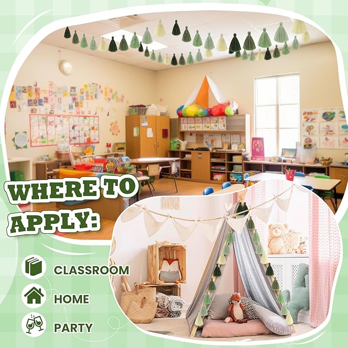 WILLBOND 4 Pieces Tassel Garland Sage Green Forest Garland for Classroom Wall Dorm Decor Boho Pastel Cotton Tassel Banners for Party Schooll(3.1 Inch, Green Colors)