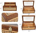 DECOR4SEASON Rattan and Cane Display Boxes with Glass Lid - Set of 2 Stackable Storage Organizers with Snag-Free Solid Wood Base - Rustic Farmhouse Decor for Jewelry, Remotes, and Keepsakes,Brown