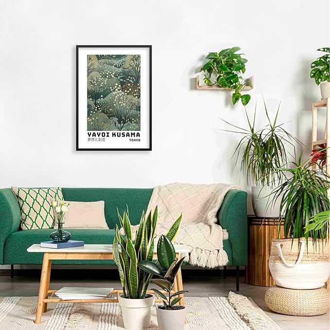 Yayoi Kusama Inspired Poster Japanese Botanical Wall Art Abstract Yayoi Kusama Print Modern Ukiyo-e Japanese Gallery Wall Decor 8x10in Black Framed for Home Bedroom Decorations