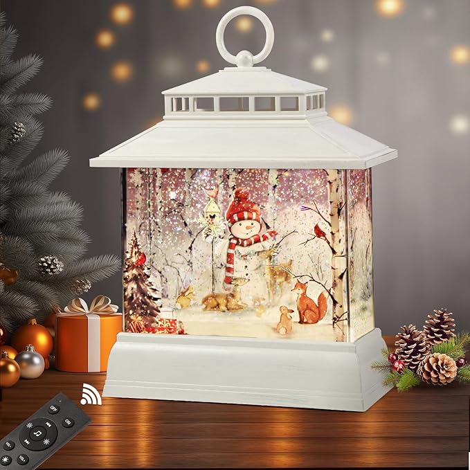 Christmas Snow Globe Lantern Water Glittering Lantern with 8 Songs & 6H Timer Romote Control Christmas Snow Globes USB & Battery Operated for Christmas Festival Decorations Gifts (Snowman)
