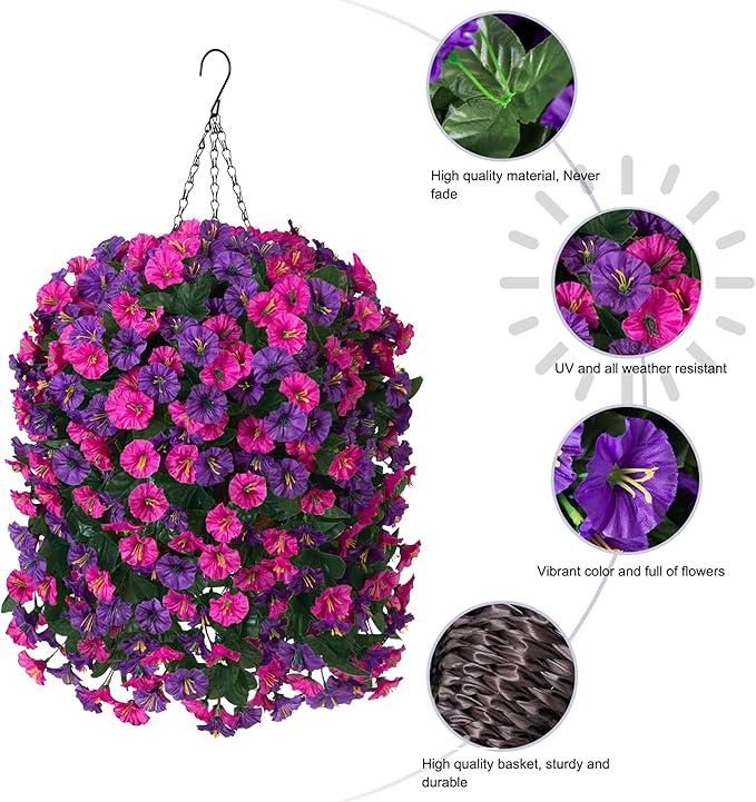 Artificial Fake Flowers Plants Hanging Baskets for Outdoor Outside, Faux Silk Hanging Dark Purple and Fuchsia Morning Glory Trailing Vines UV Resistant Look Real for Porch Patio Home Decoration