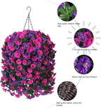Artificial Fake Flowers Plants Hanging Baskets for Outdoor Outside, Faux Silk Hanging Dark Purple and Fuchsia Morning Glory Trailing Vines UV Resistant Look Real for Porch Patio Home Decoration