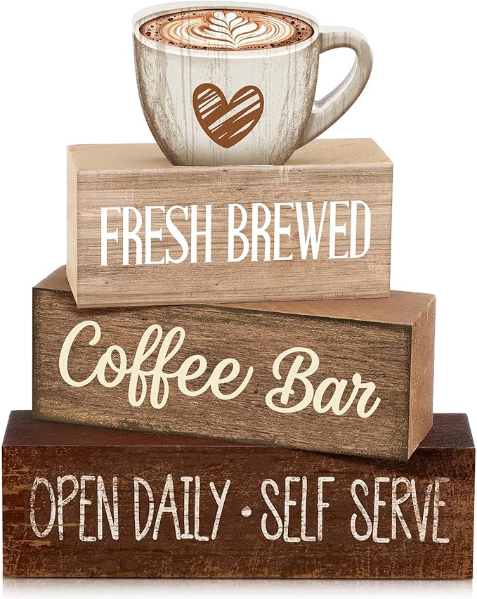 Moucuny 4 Pcs Farmhouse Coffee Bar Signs Decor Wooden Cup Rise & Shine It's Coffee Time Rustic Wood Cafe Sign Gift for Home Kitchen Tabletop Decor