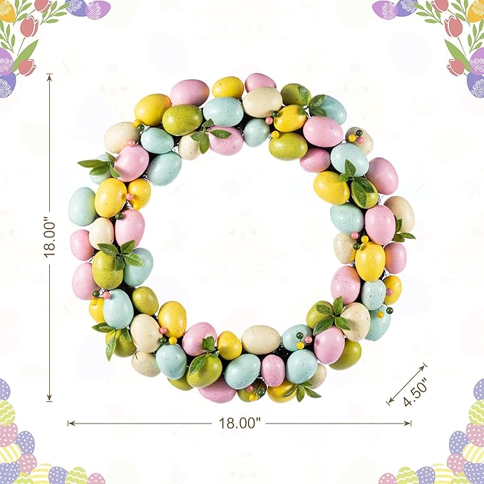 Glitzhome 18" Easter Wreath with Eggs Spring Front Door Decoration Artificial Eggs Wreath for Home Party and Holiday Celebrations