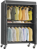 VIPEK R2C Plus Heavy Duty Rolling Garment Racks with Cover Clothing Rack for Hanging Clothes Portable Closet with Adjustable Wire Shelving & Double Rods, Black Rack with Black Upgraded Polyester Cover