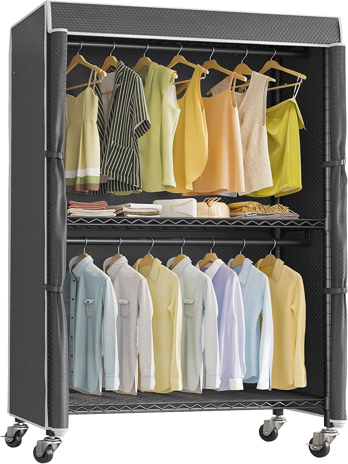 VIPEK R2C Plus Heavy Duty Rolling Garment Racks with Cover Clothing Rack for Hanging Clothes Portable Closet with Adjustable Wire Shelving & Double Rods, Black Rack with Black Upgraded Polyester Cover