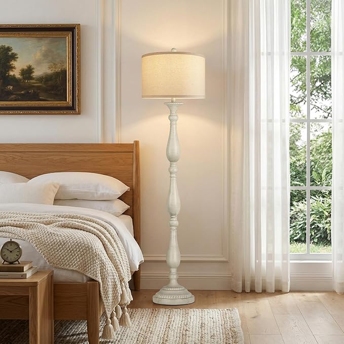 PARTPHONER Vintage Floor Lamp for Living Room, Rustic Farmhouse Standing Lamp with Rotary Switch and Linen Shade, Retro Resin Floor Lamp for Bedroom, Corner, Dining Room, House Decor, White